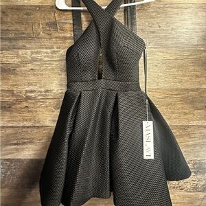 Maslavi Black Sleeveless Halter Fit and Flare Prom Formal Dress
